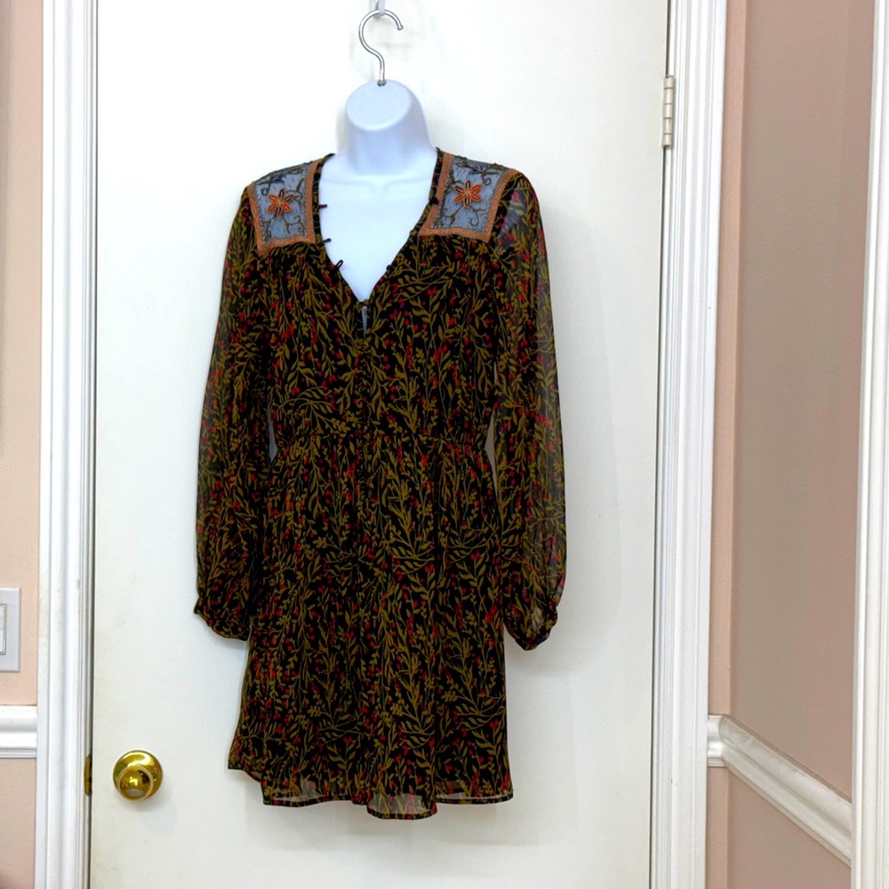 Zara Basic Embroidered Yoke Floral Mini Dress XS Sheer Chiffon Boho Cottagecore